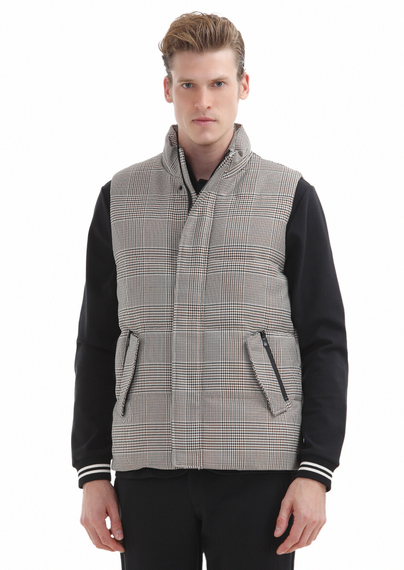 Kahverengi Regular Fit Dik Yaka Casual Dokuma Spor Yelek - 1