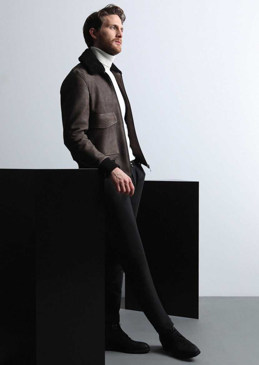 Kahverengi Regular Fit Gömlek Yaka Casual Deri Deri Mont - 4