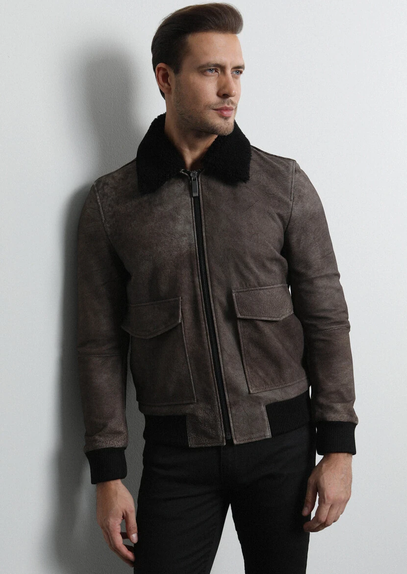 Kahverengi Regular Fit Gömlek Yaka Casual Deri Deri Mont - 3