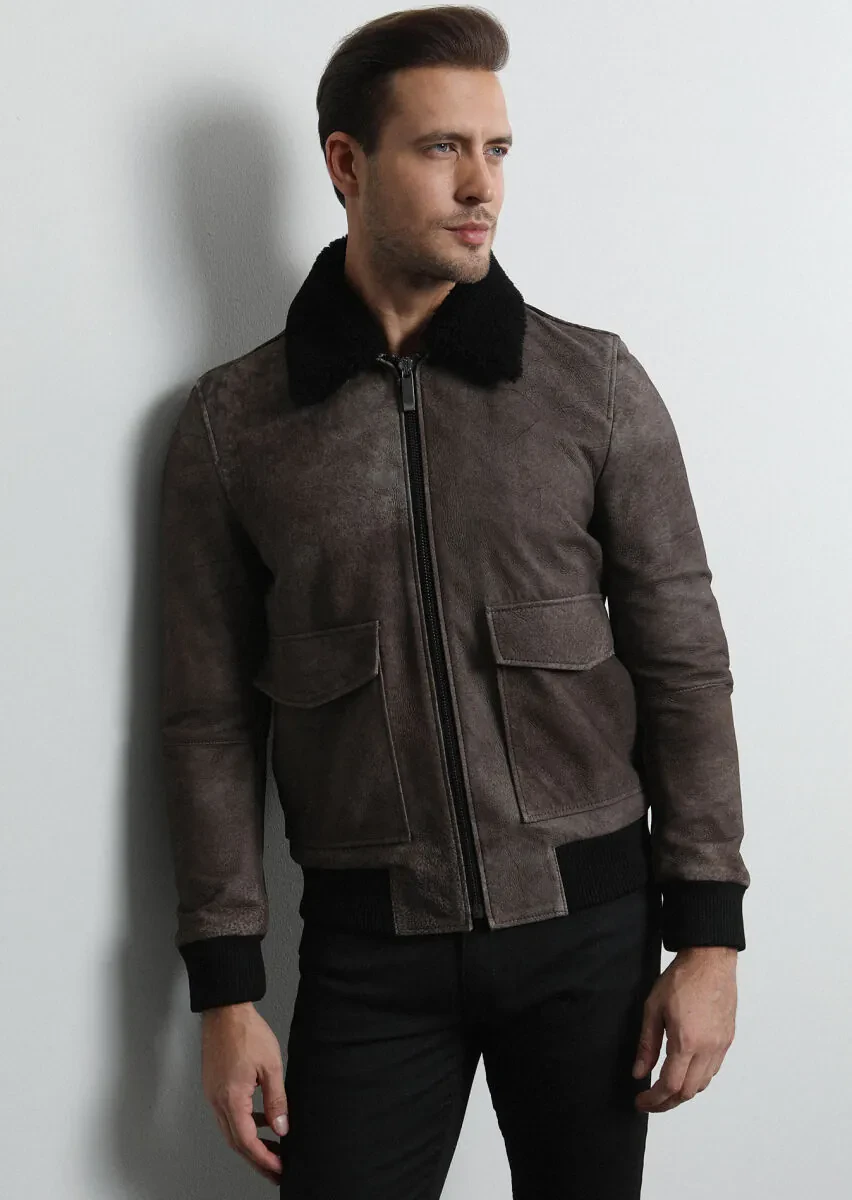 Kahverengi Regular Fit Gömlek Yaka Casual Deri Deri Mont - 3