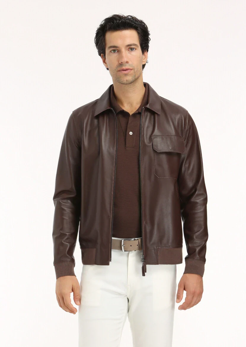 Kahverengi Regular Fit Gömlek Yaka Casual Deri Deri Mont 