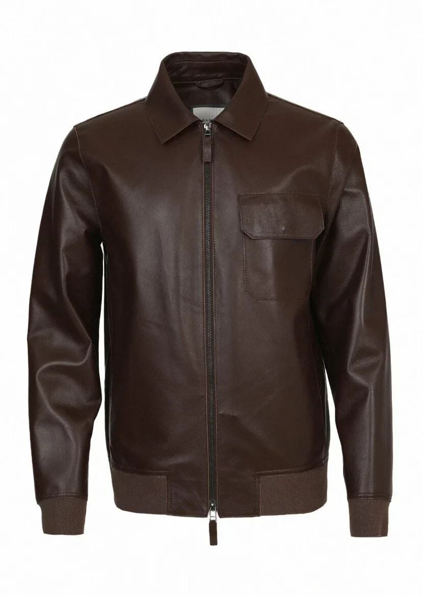 Kahverengi Regular Fit Gömlek Yaka Casual Deri Deri Mont - 6