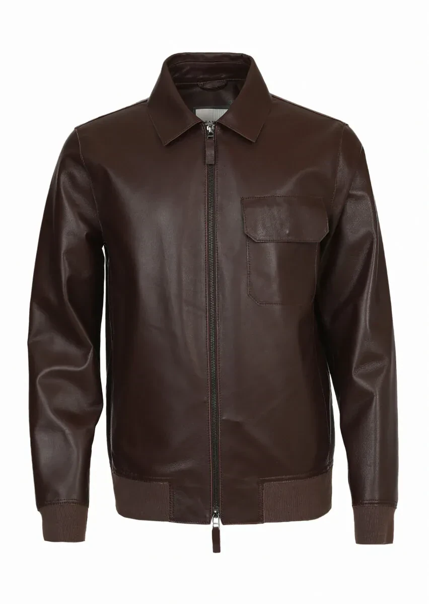 Kahverengi Regular Fit Gömlek Yaka Casual Deri Deri Mont - 6