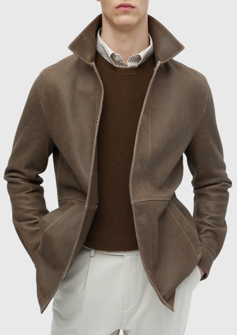 Kahverengi Regular Fit Gömlek Yaka Casual Deri Deri Mont - 6