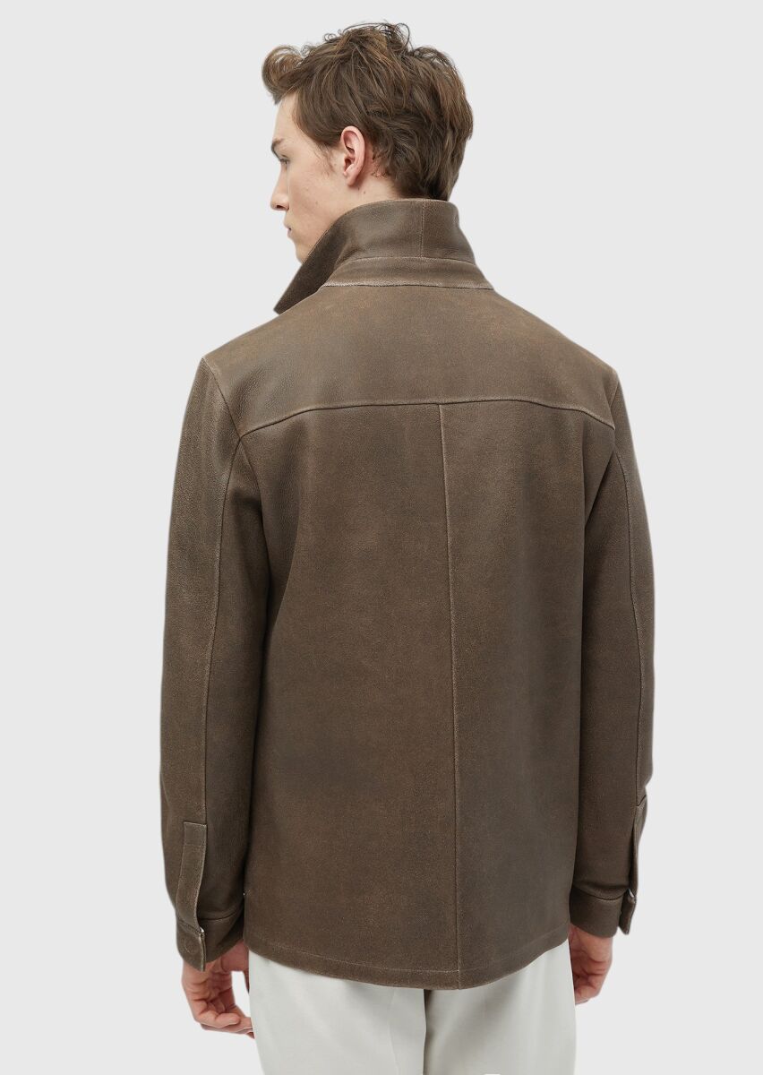 Kahverengi Regular Fit Gömlek Yaka Casual Deri Deri Mont - 8