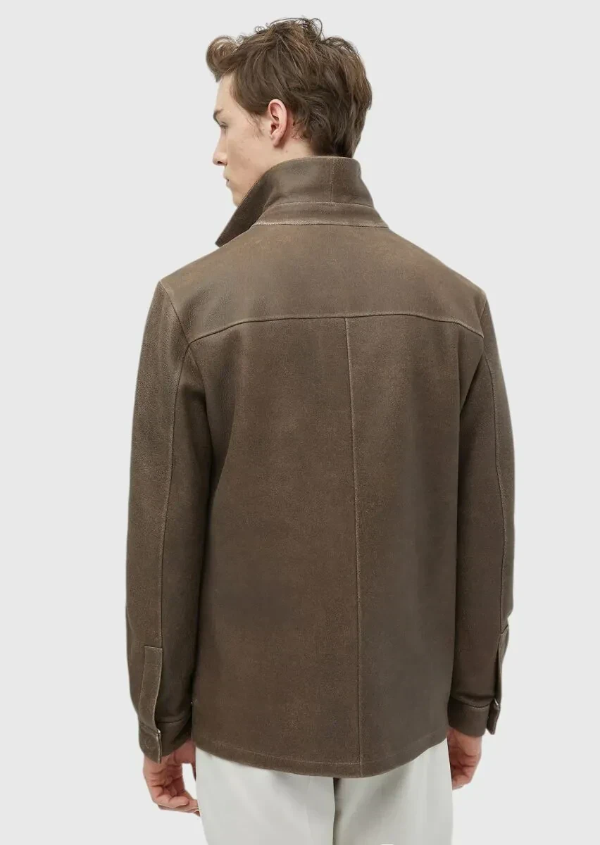 Kahverengi Regular Fit Gömlek Yaka Casual Deri Deri Mont - 8