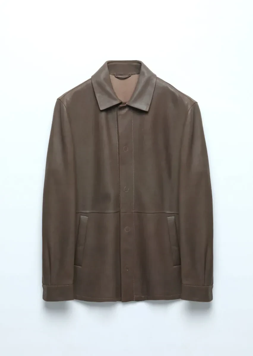 Kahverengi Regular Fit Gömlek Yaka Casual Deri Deri Mont - 9