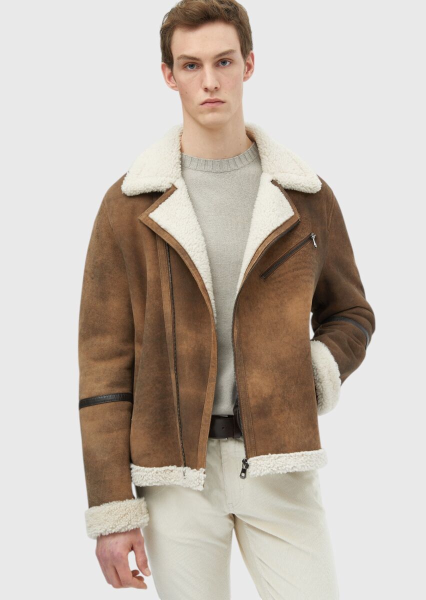 Kahverengi Regular Fit Gömlek Yaka Casual Kürk Deri Mont - 3