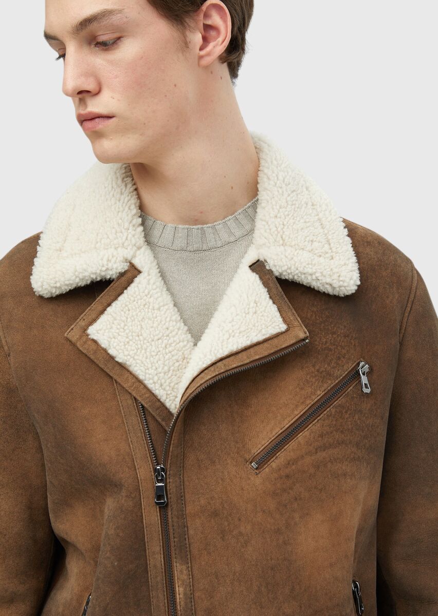 Kahverengi Regular Fit Gömlek Yaka Casual Kürk Deri Mont - 5