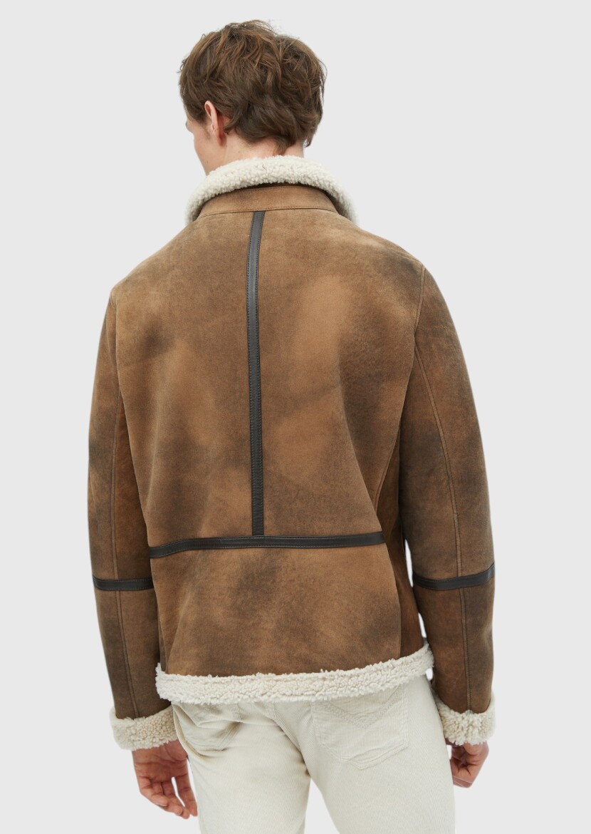 Kahverengi Regular Fit Gömlek Yaka Casual Kürk Deri Mont - 7