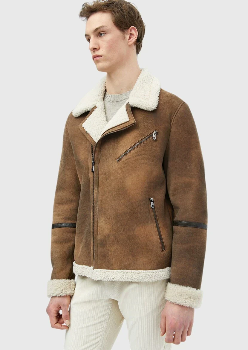 Kahverengi Regular Fit Gömlek Yaka Casual Kürk Deri Mont - 1