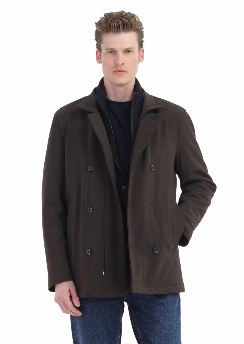 Kahverengi Regular Fit Kruvaze Yaka Casual Örme Kaban - 3