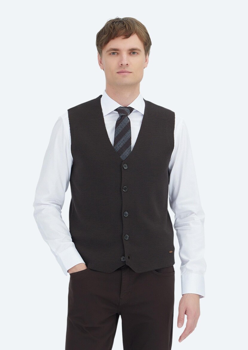 Kahverengi Regular Fit V Yaka Casual Örme Triko Yelek - RAMSEY