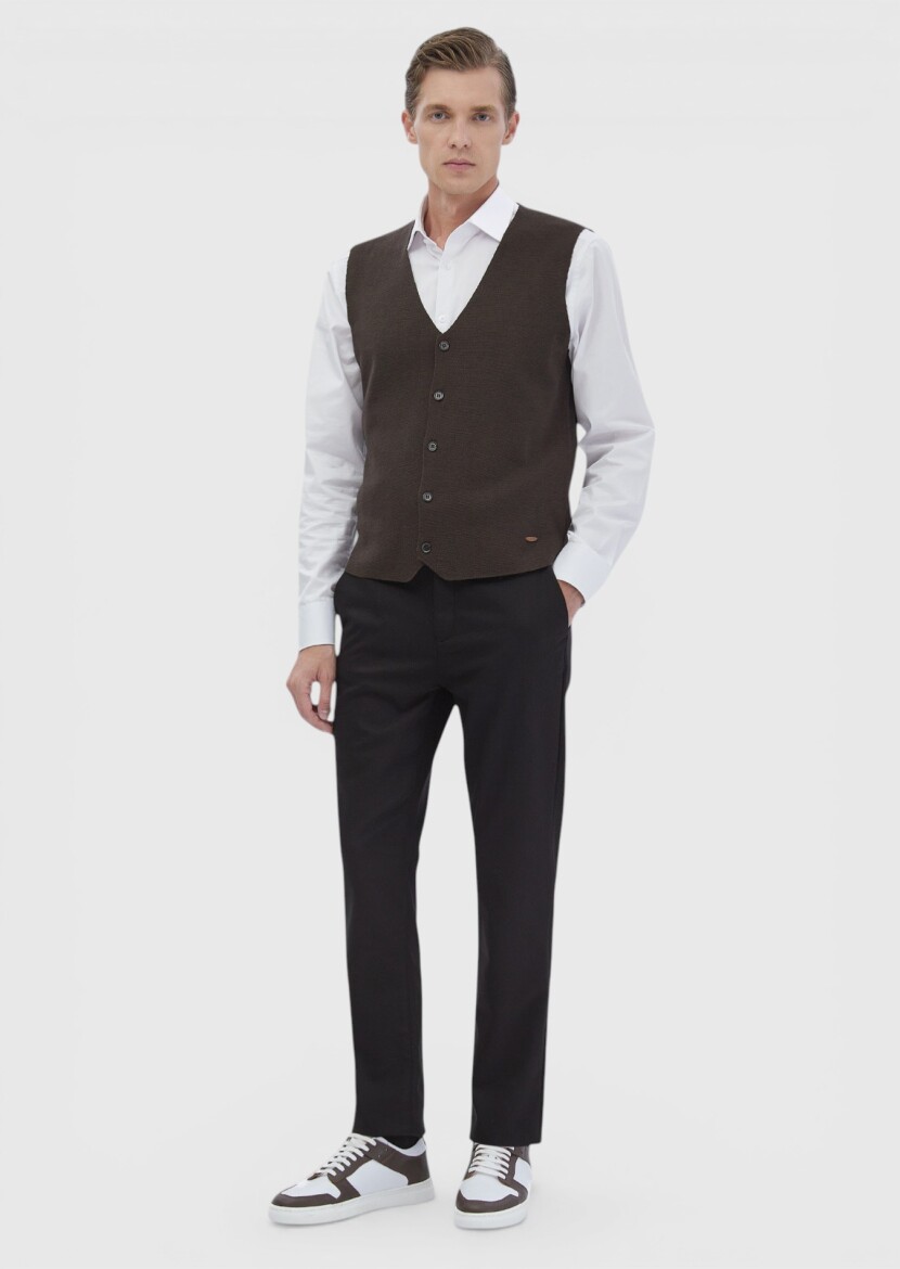 Kahverengi Regular Fit V Yaka Casual Örme Triko Yelek - RAMSEY