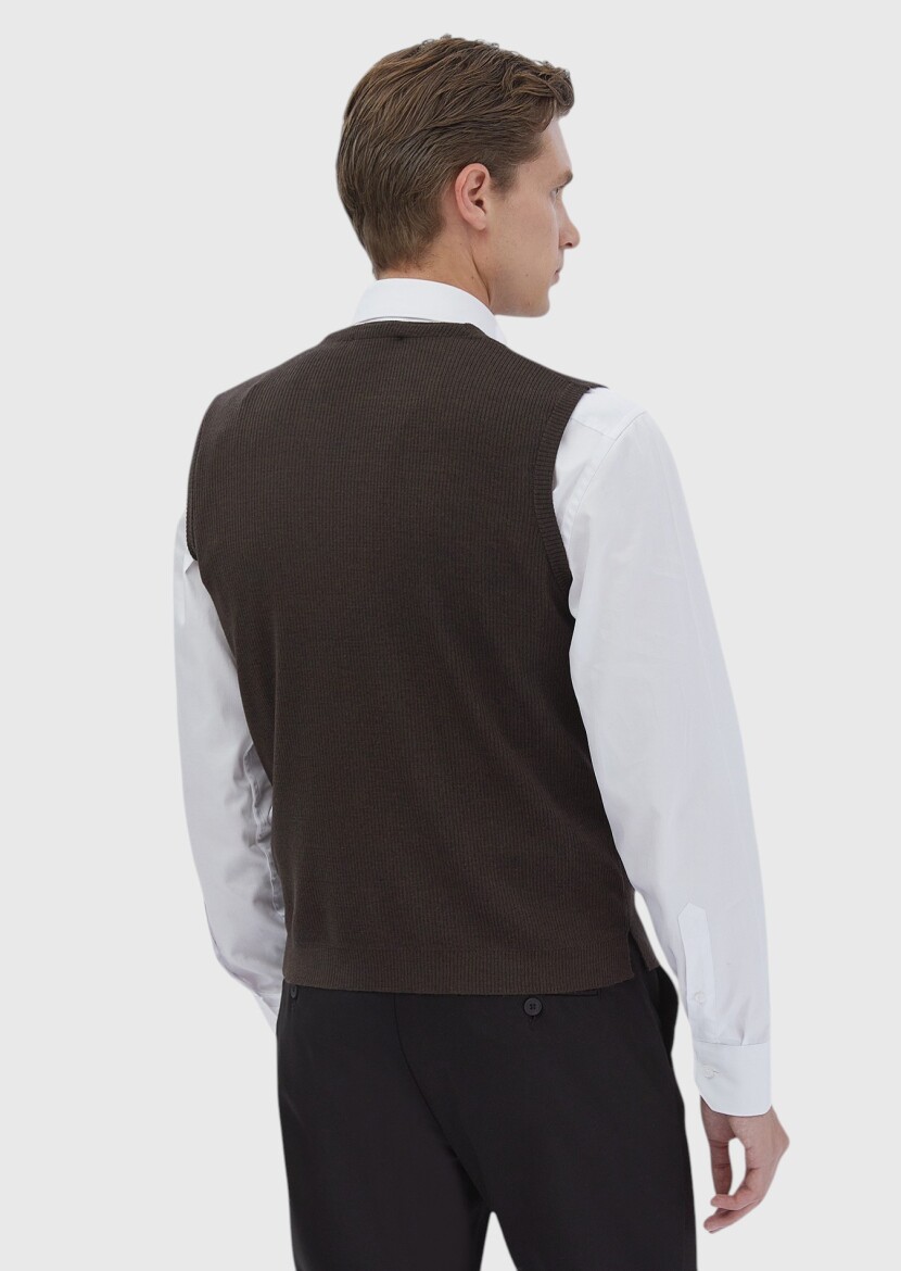 Kahverengi Regular Fit V Yaka Casual Örme Triko Yelek - 6