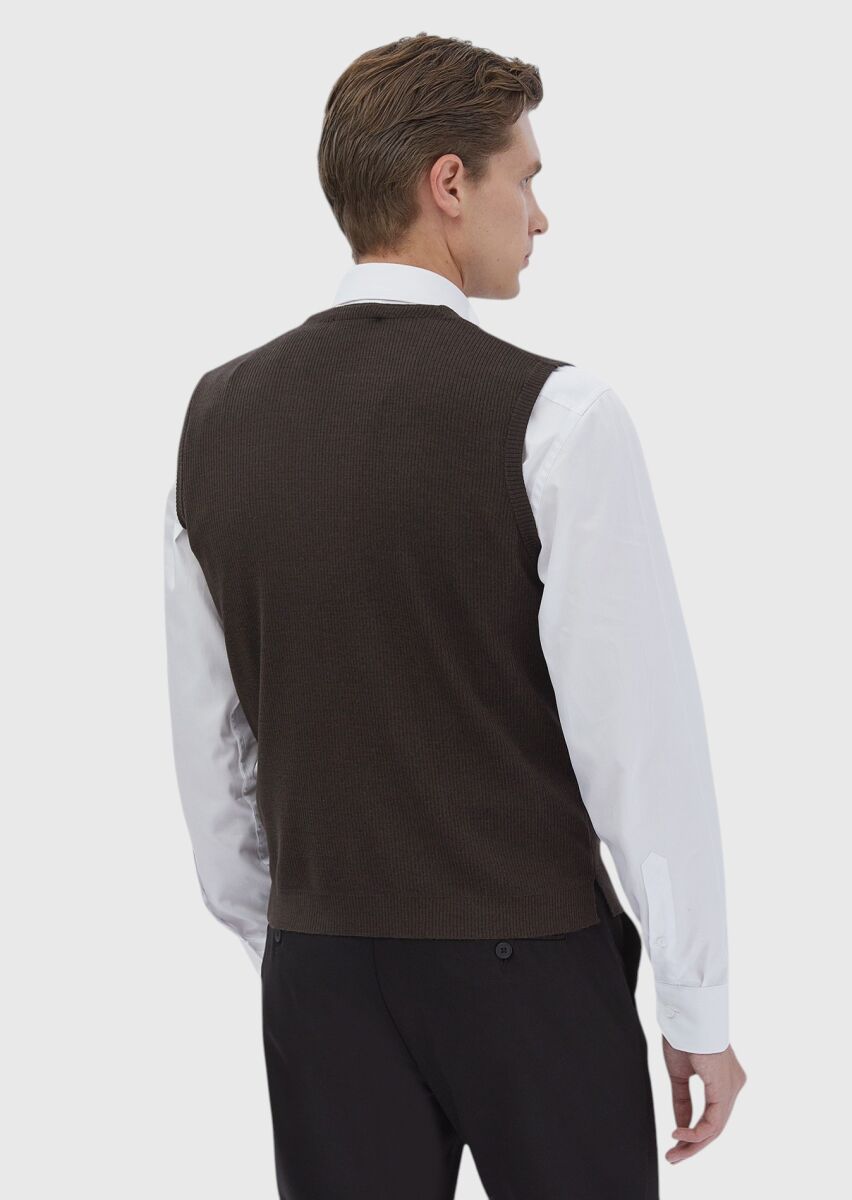 Kahverengi Regular Fit V Yaka Casual Örme Triko Yelek - 6