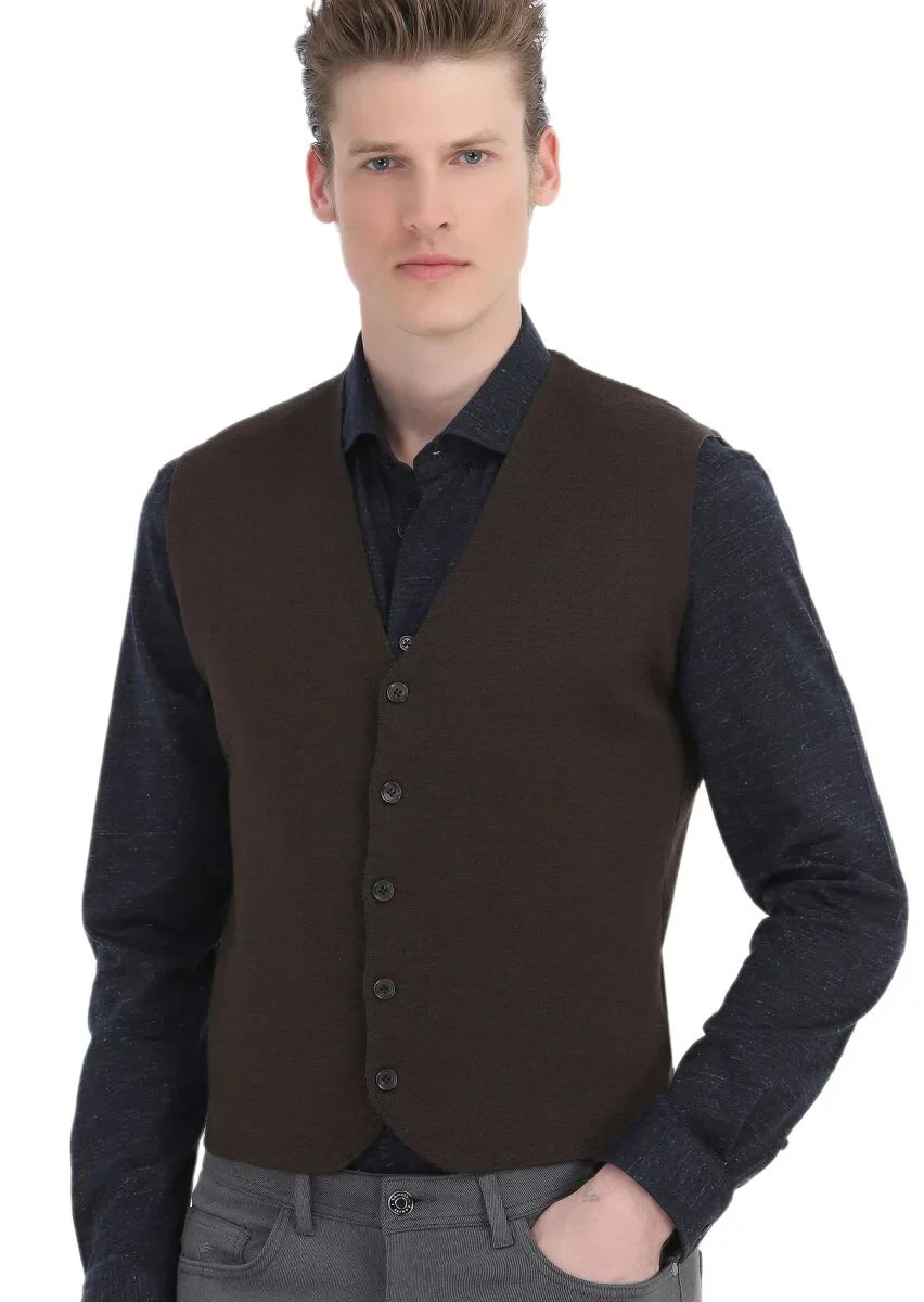 Kahverengi Regular Fit V Yaka Casual Örme Triko Yelek - 1
