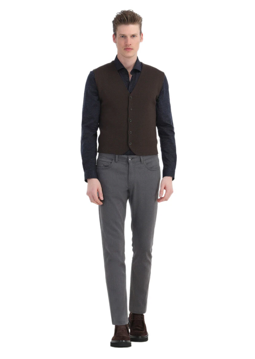 Kahverengi Regular Fit V Yaka Casual Örme Triko Yelek 