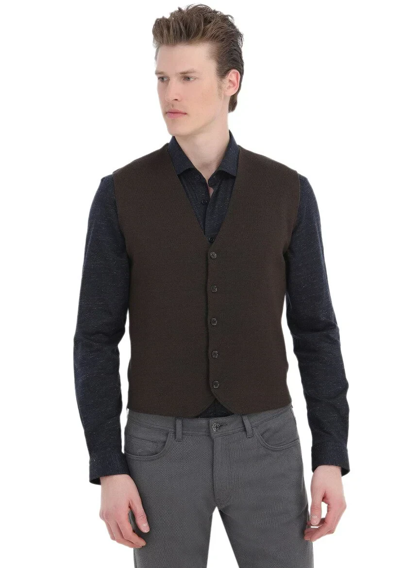 Kahverengi Regular Fit V Yaka Casual Örme Triko Yelek - 4