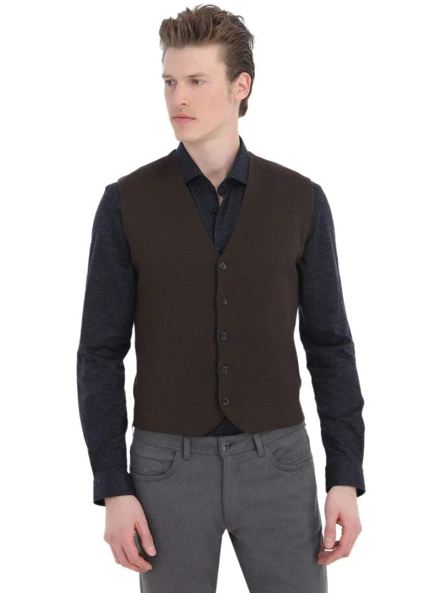 Kahverengi Regular Fit V Yaka Casual Örme Triko Yelek - 4