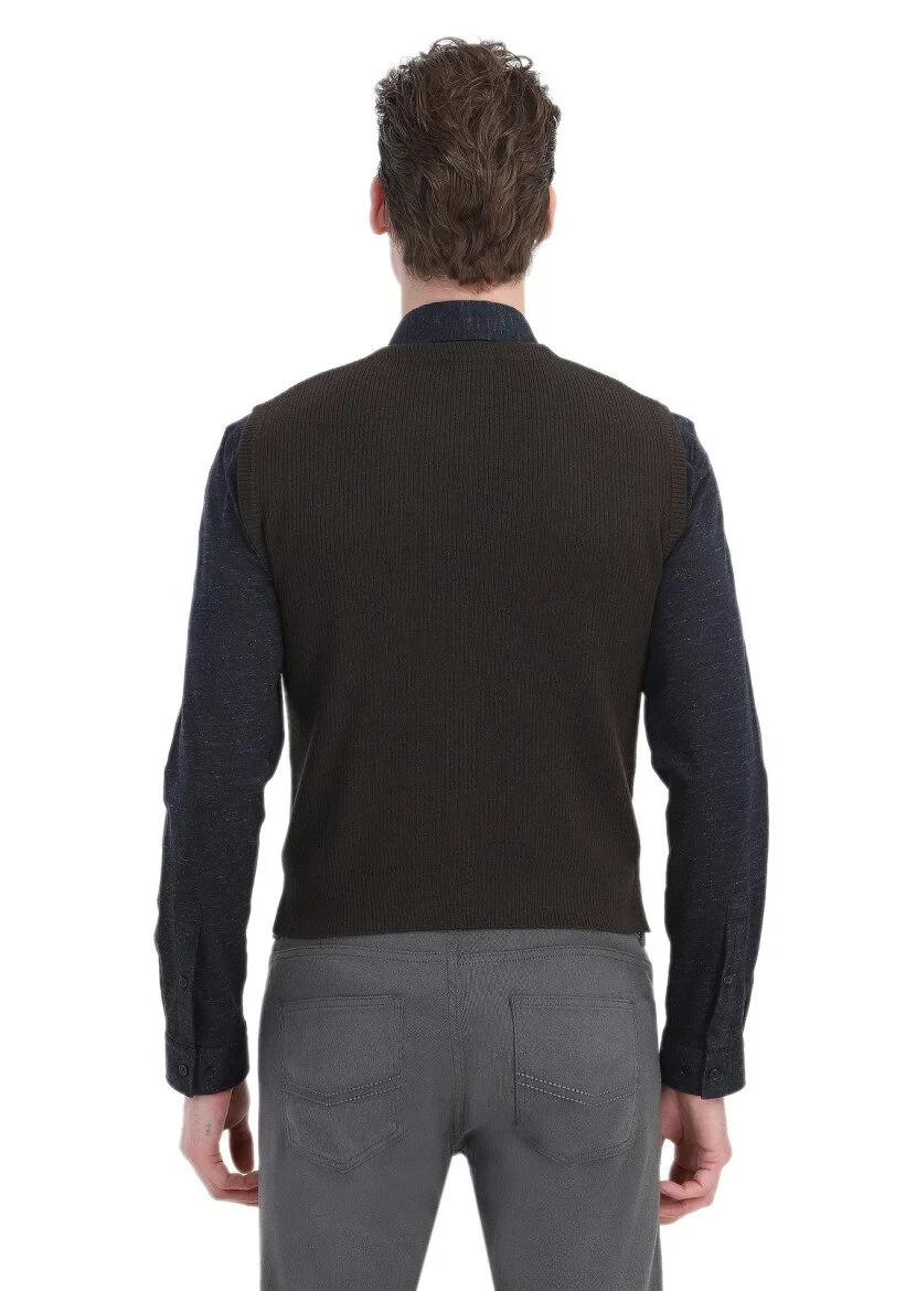 Kahverengi Regular Fit V Yaka Casual Örme Triko Yelek - 5