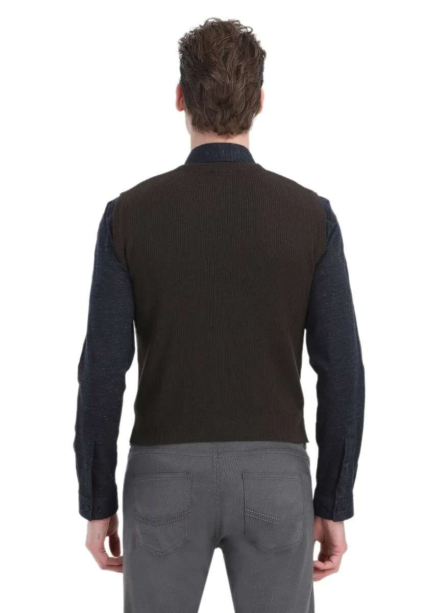 Kahverengi Regular Fit V Yaka Casual Örme Triko Yelek - 5