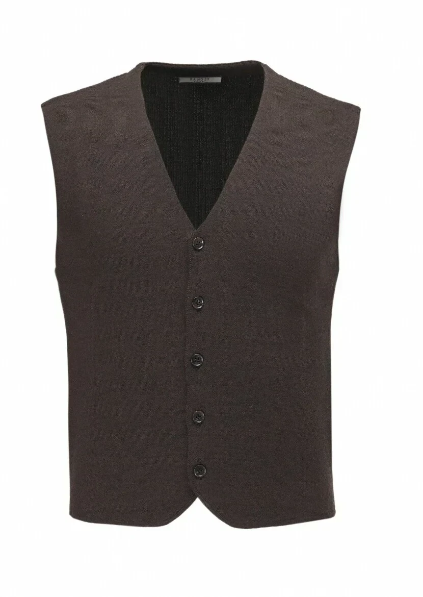 Kahverengi Regular Fit V Yaka Casual Örme Triko Yelek - 6
