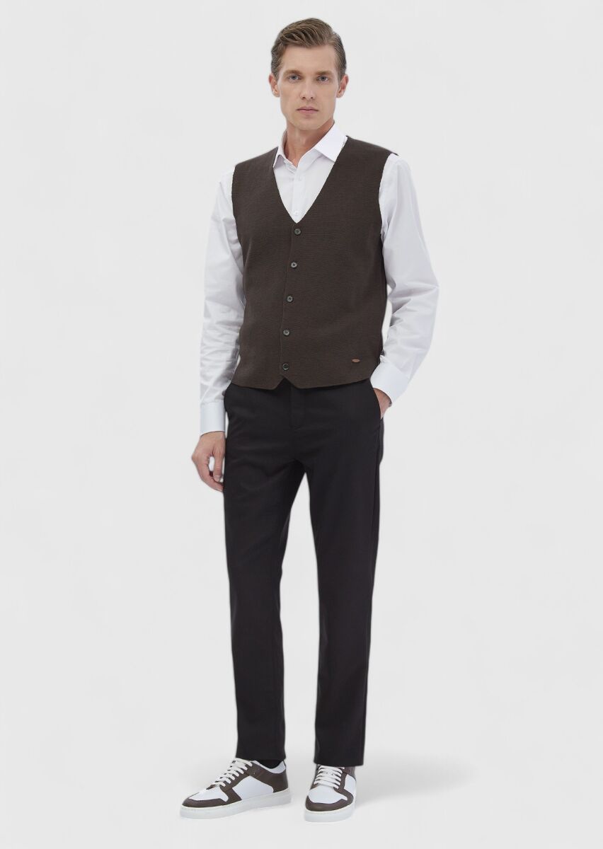 Kahverengi Regular Fit V Yaka Casual Örme Triko Yelek - 2