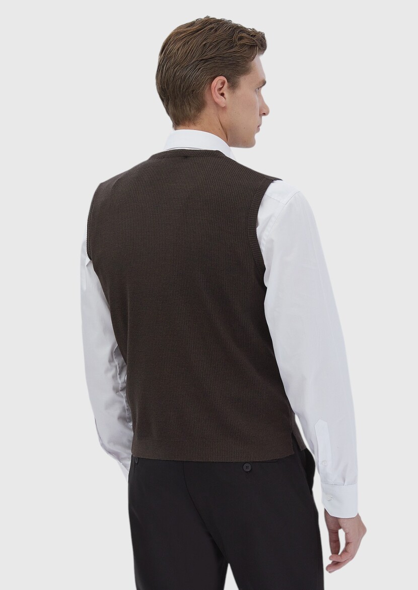 Kahverengi Regular Fit V Yaka Casual Örme Triko Yelek - 6