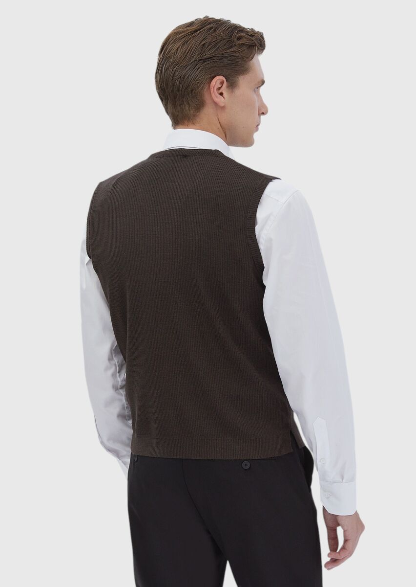 Kahverengi Regular Fit V Yaka Casual Örme Triko Yelek - 6