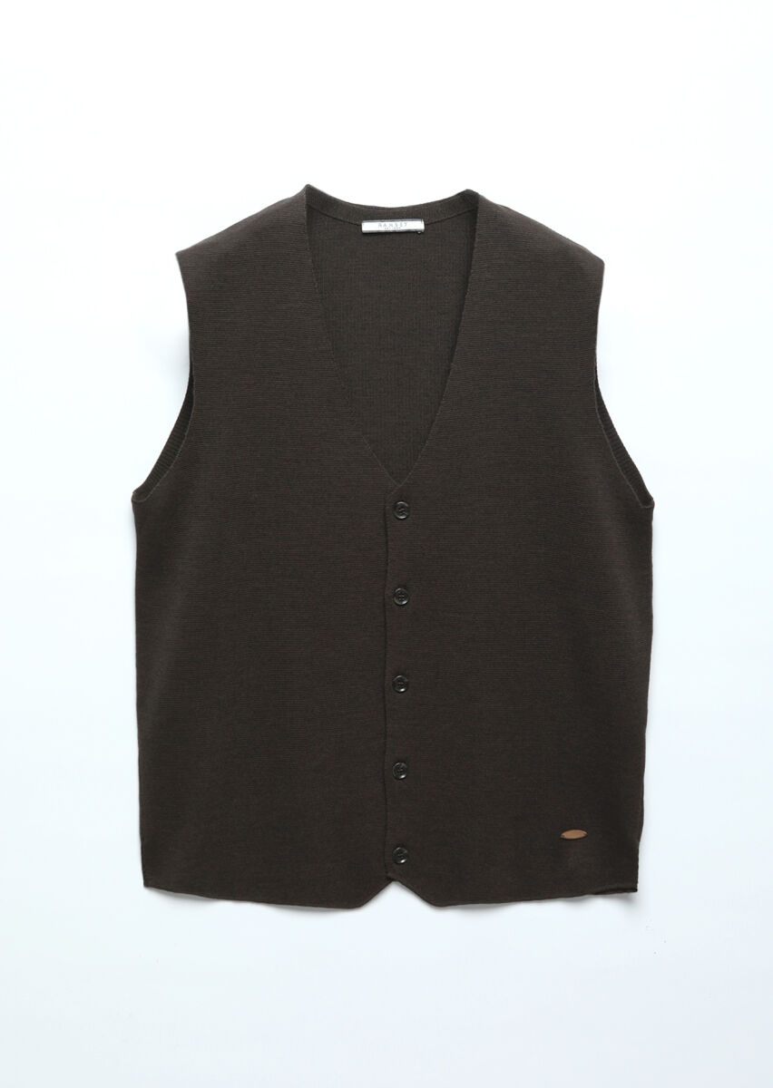 Kahverengi Regular Fit V Yaka Casual Örme Triko Yelek - 7