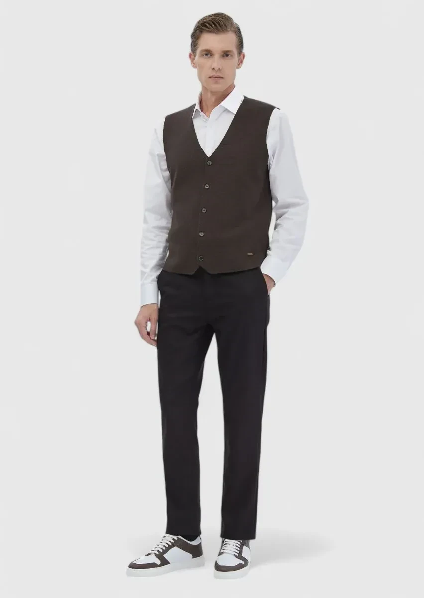 Kahverengi Regular Fit V Yaka Casual Örme Triko Yelek - 2