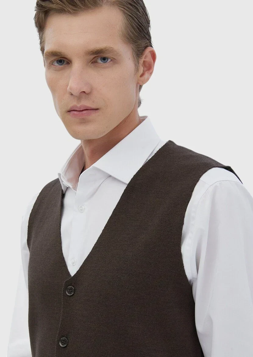 Kahverengi Regular Fit V Yaka Casual Örme Triko Yelek - 4
