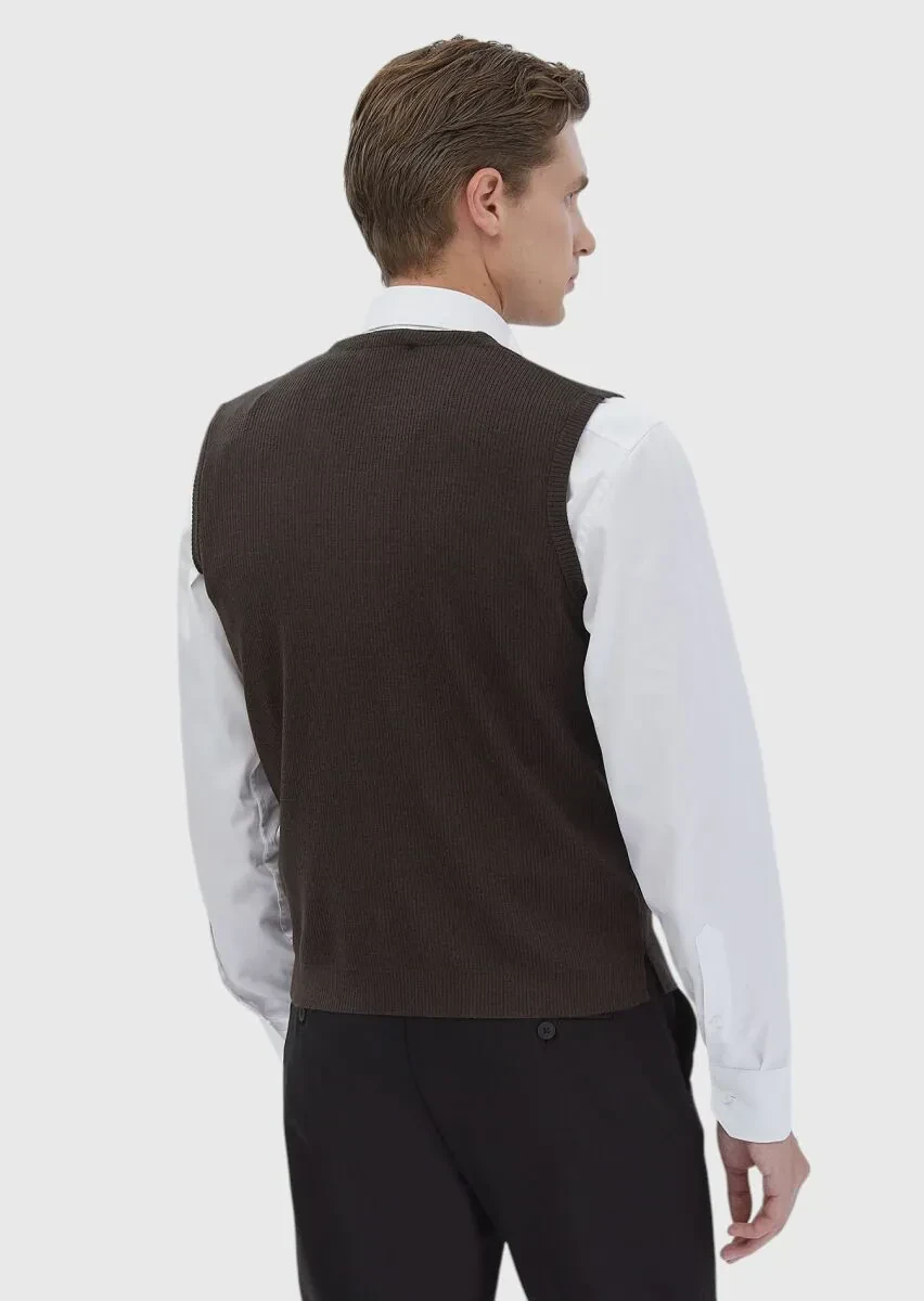 Kahverengi Regular Fit V Yaka Casual Örme Triko Yelek - 6
