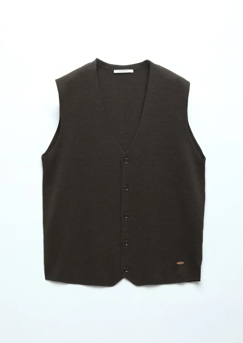 Kahverengi Regular Fit V Yaka Casual Örme Triko Yelek - 7
