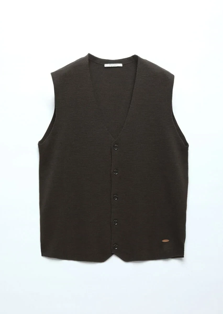 Kahverengi Regular Fit V Yaka Casual Örme Triko Yelek - 7