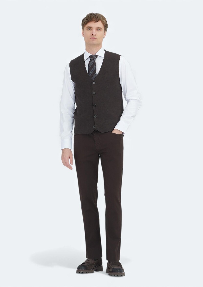 Kahverengi Regular Fit V Yaka Casual Örme Triko Yelek 