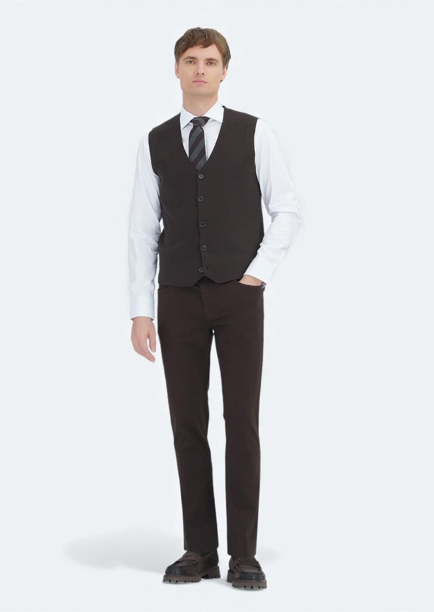 Kahverengi Regular Fit V Yaka Casual Örme Triko Yelek - 2