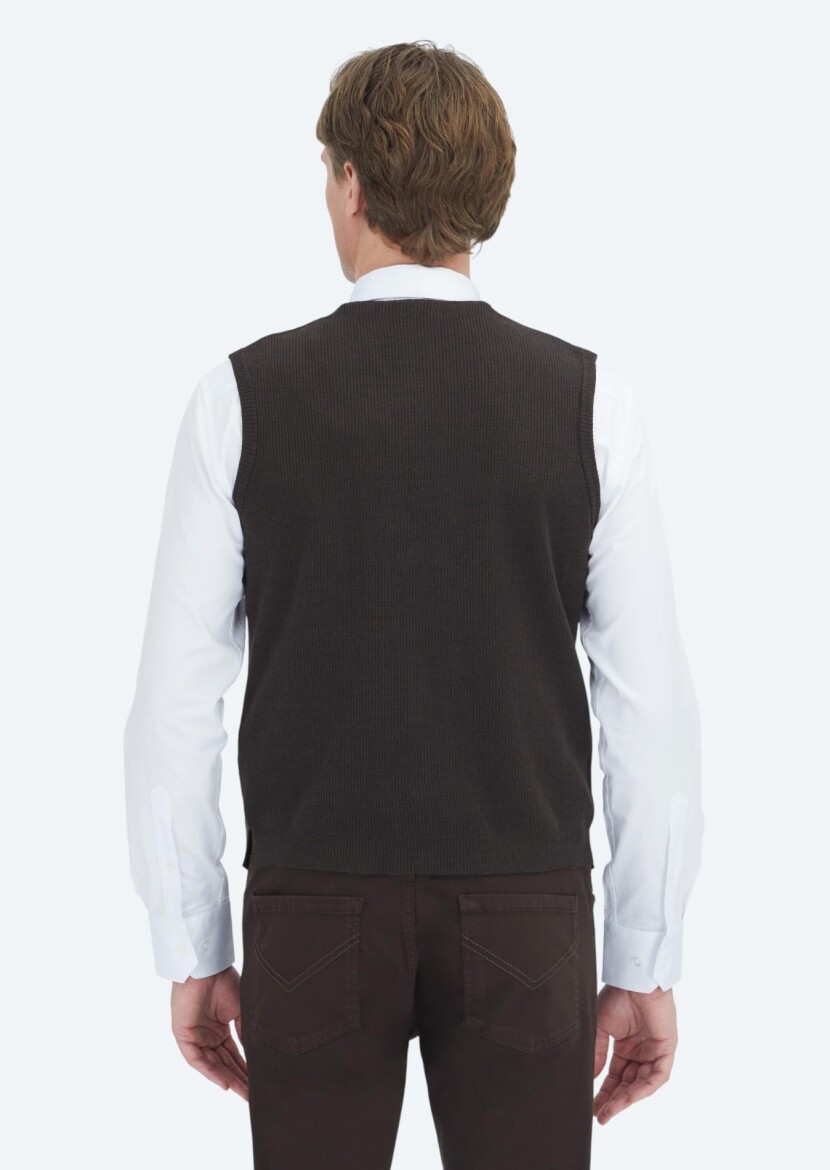 Kahverengi Regular Fit V Yaka Casual Örme Triko Yelek - 4
