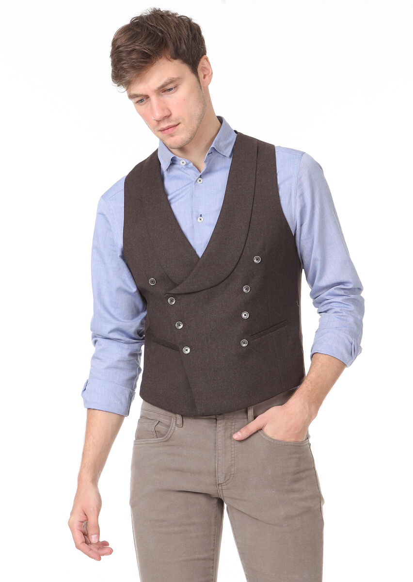 Kahverengi Slim Fit Şal Yaka Casual Yelek - 1
