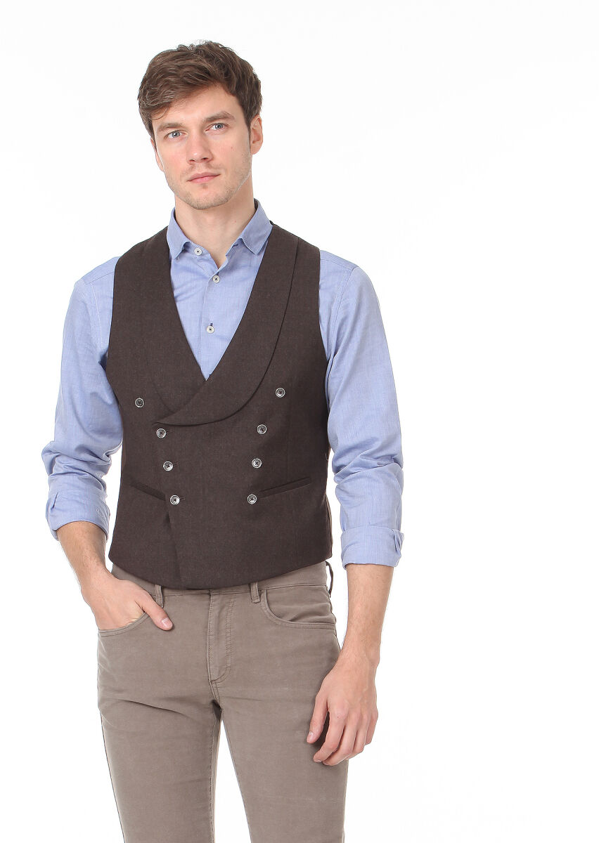 Kahverengi Slim Fit Şal Yaka Casual Yelek - 3