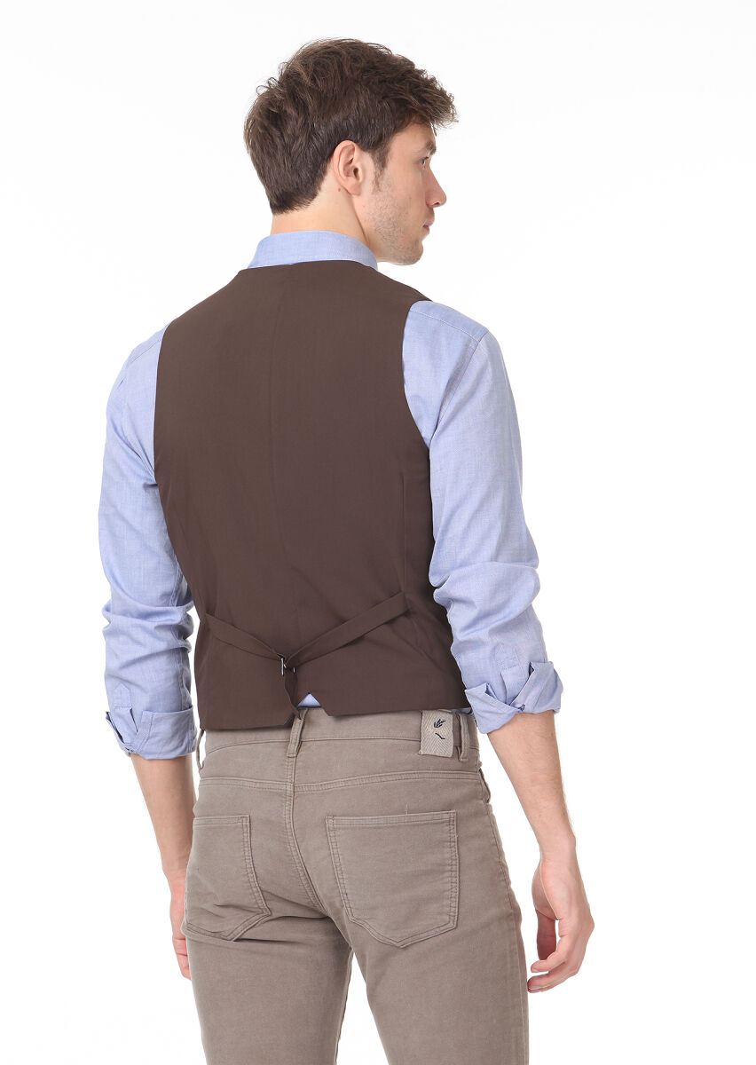 Kahverengi Slim Fit Şal Yaka Casual Yelek - 4