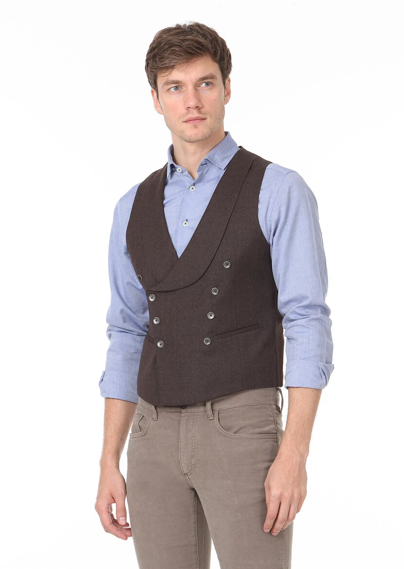Kahverengi Slim Fit Şal Yaka Casual Yelek - 2
