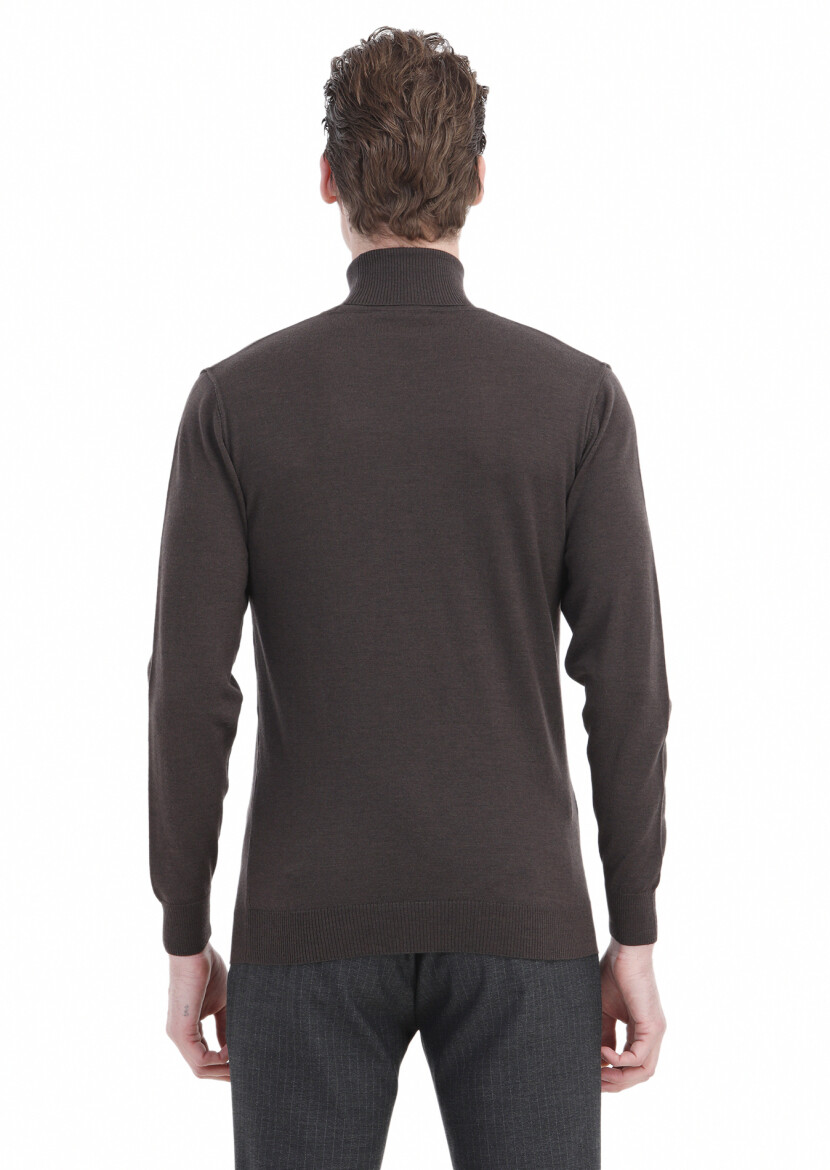 Kahverengi Tam Balıkçı Yaka Düz Örgü %100 Yün Triko Kazak - 6