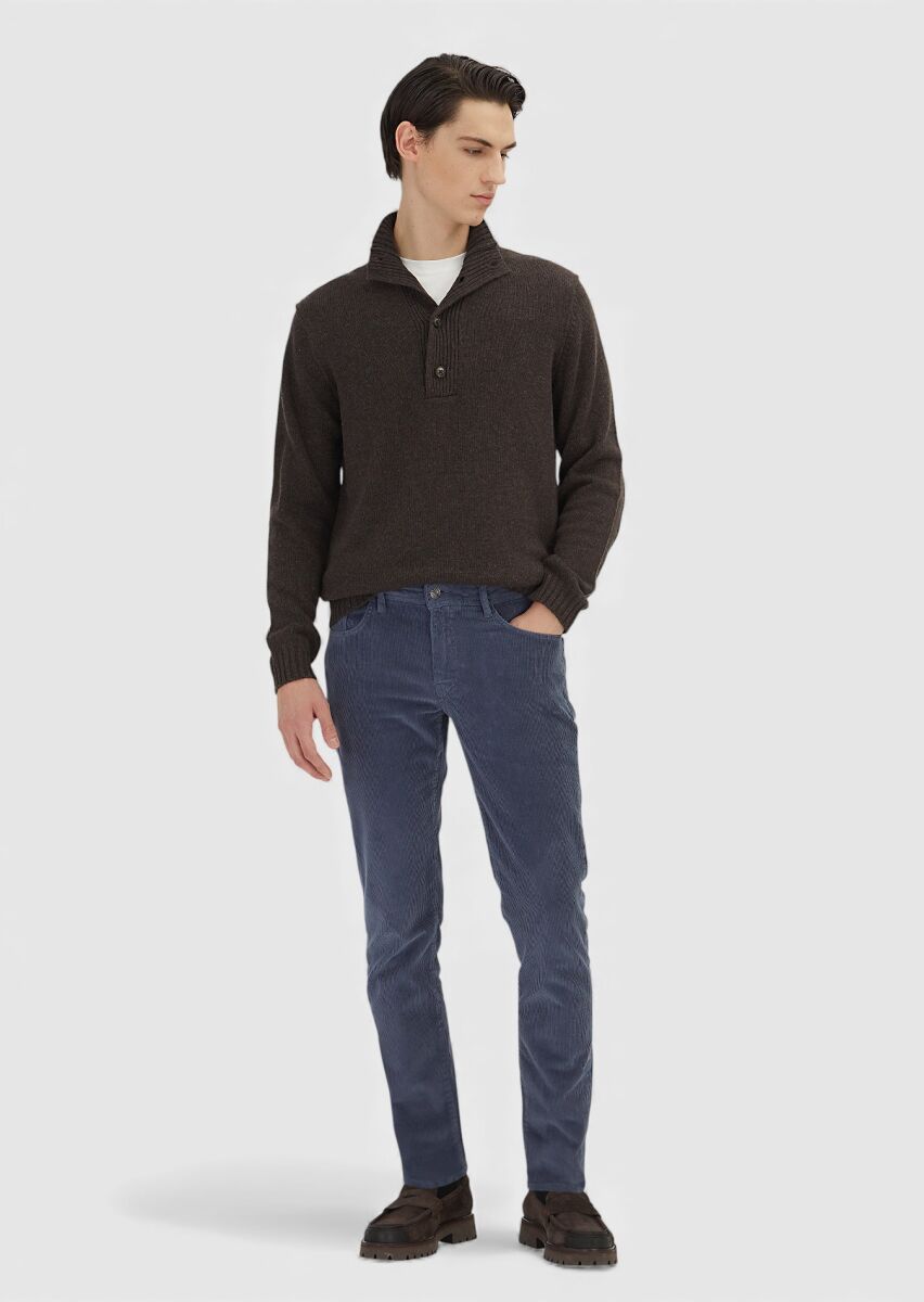 Kahverengi Yarım Balıkçı Yaka Düz Örgü Kaşmir Karışımlı Triko Kazak - 5