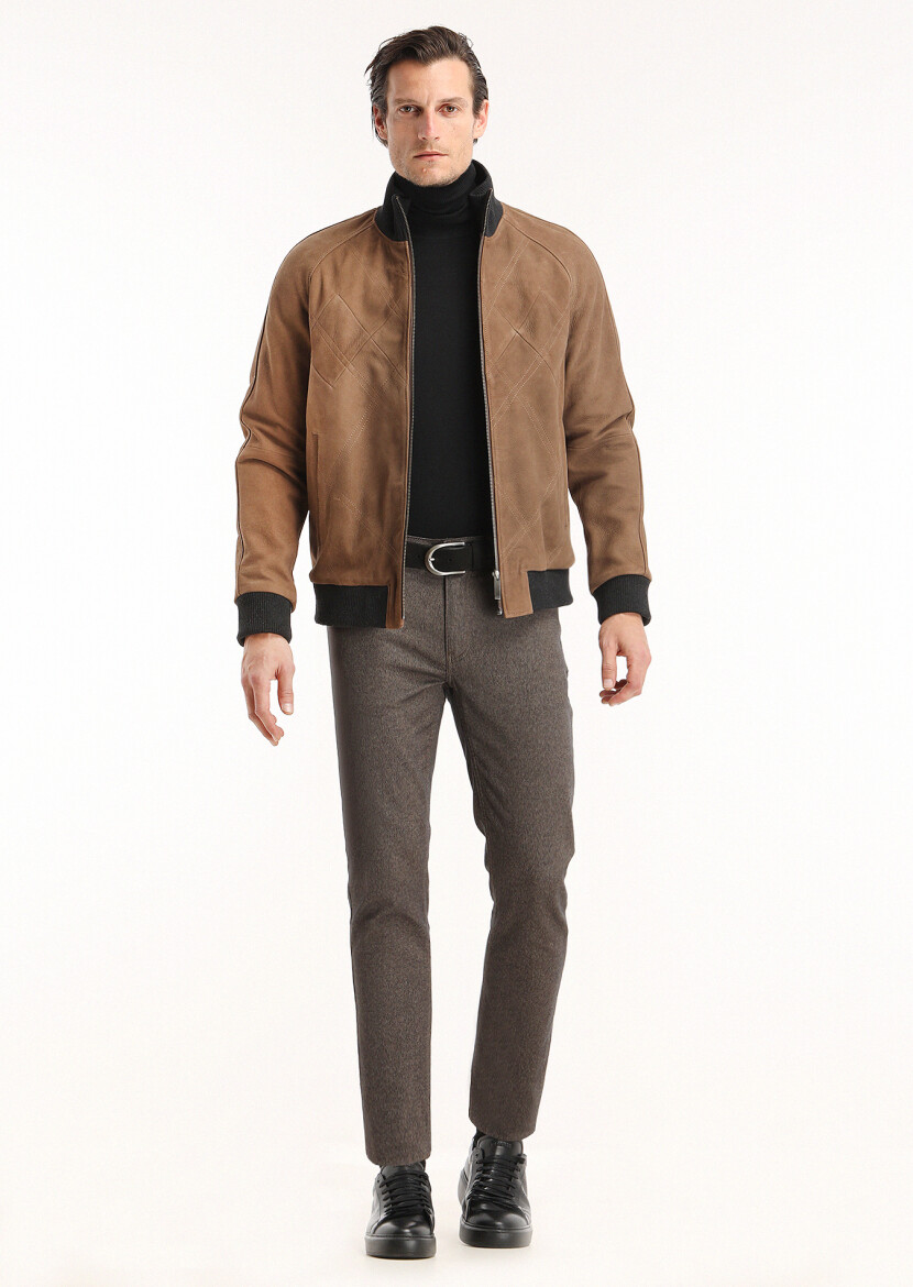 Karamel Regular Fit Dik Yaka Casual Deri Deri Mont - 1