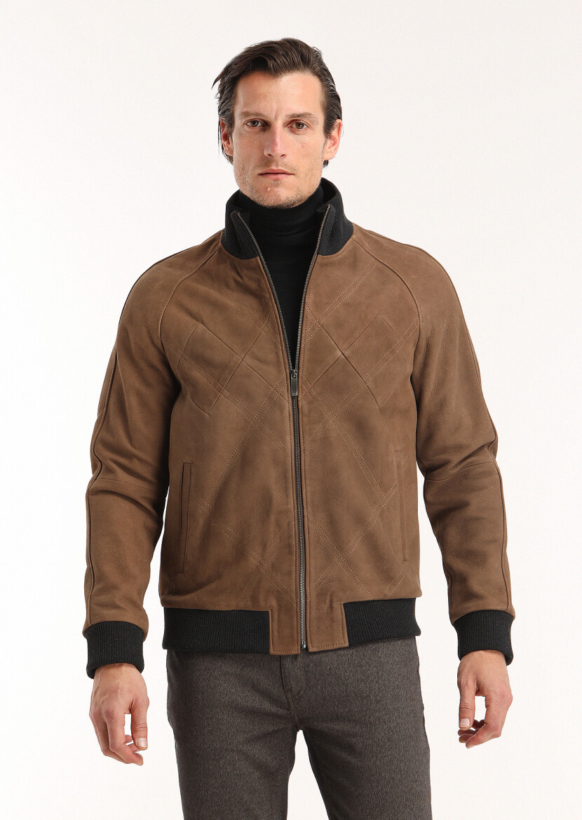 Karamel Regular Fit Dik Yaka Casual Deri Deri Mont - 2