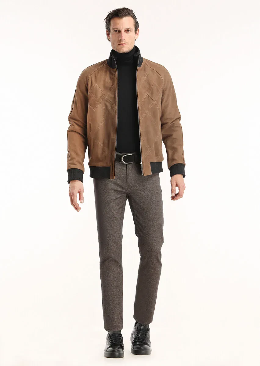 Karamel Regular Fit Dik Yaka Casual Deri Deri Mont - 1