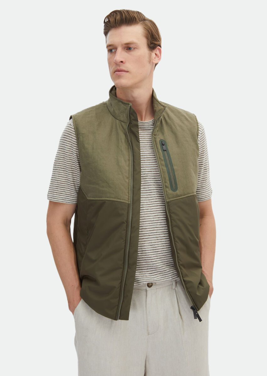 Khaki 100% Linen Weaving Puffer Vest - 1