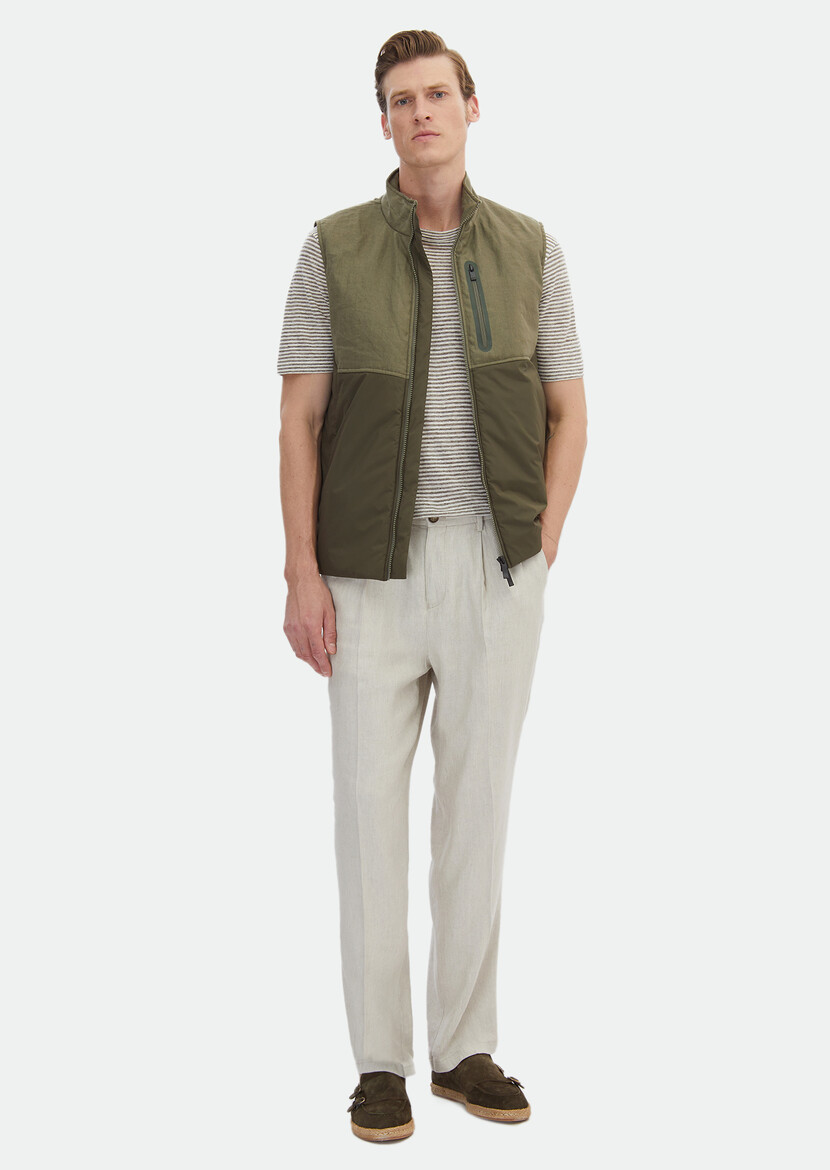 Khaki 100% Linen Weaving Puffer Vest - 2